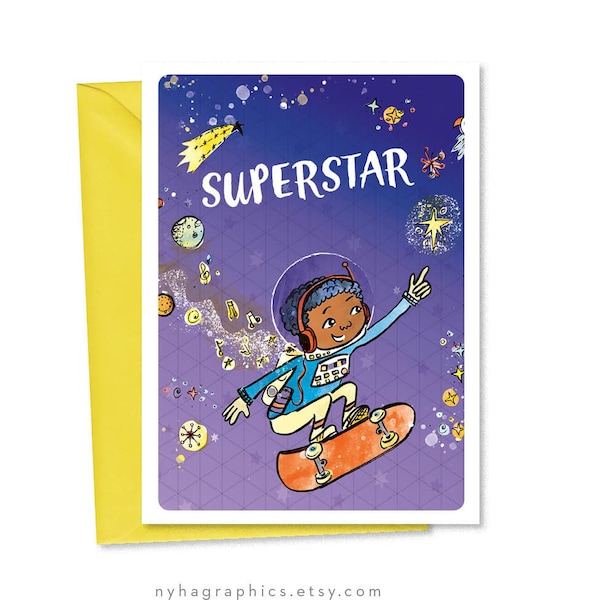 Superstar Boy Card, Well Done, Congratulation Card, Black Greeting Cards, Black Skateboarder, Black Boy, African American Boy, Brown Boy Joy
