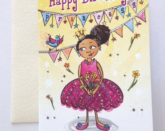 Zwarte prinses verjaardagskaart, multiculturele wenskaarten, prinseskaart, zwarte meid, gemengd ras, feestvarken, fijne verjaardag, zwarte kinderen