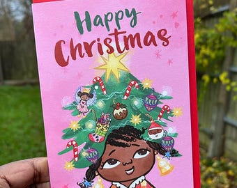 Kerstboommuts, Leuke kerstkaart, Kerst met een Afro-Amerikaans meisje, Kerstkaarten, Zwart meisje, Kaarten voor kinderen, Geïllustreerde kerstboomkaart
