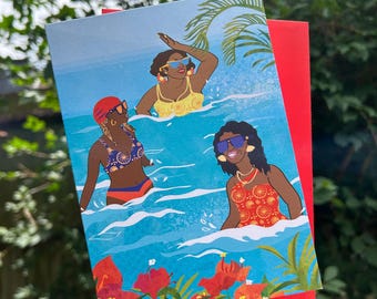Caribische wenskaart meisjes | Afro-Caribische kunst | Illustratiekaart | Blanco binnenkant verjaardag, strandfeest, kunstkaart inlijsten | Afdrukken