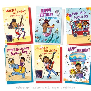 Bundle of 6 Kids Birthday Cards, Childrens Birthday Cards, African American Greeting Card, Black Greeting Card, Black Cards, Afro Kids