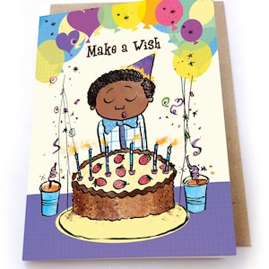 Party Time Geburtstagskarte für Jungen, Multikulturelle Grußkarte, schwarze Grußkarte, Kinderkarte, Black Boy Geburtstagskarte, Geburtstagskuchen