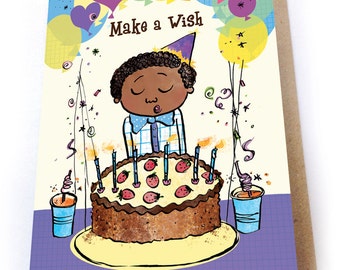 Party Time Birthday Card, Multicultural Greeting Card, black greeting card, childrens birthday card, Birthday Boy, for Boys, birthday Cake