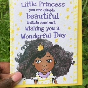 Belle carte de princesse noire, carte d'anniversaire de princesse marron foncé, carte de voeux, carte de princesse, cartes pour enfants, princesse afro, carte d'anniversaire