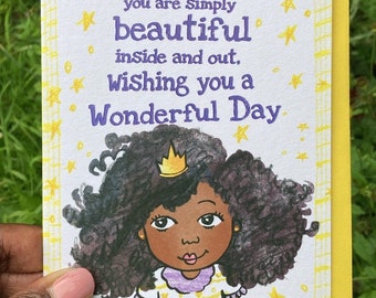 Mooie zwarte prinsessenkaart, donkerbruine prinsesverjaardagskaart, wenskaart, prinsessenkaart, kaarten voor kinderen, afroprinses, verjaardagskaart