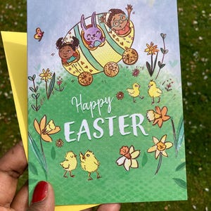 Biglietto di Buona Pasqua, Biglietto di Pasqua per Bambini, Biglietti Carini, Fiori Primaverili, Uovo di Pasqua, Biglietto Coniglietto di Pasqua, Bambini Multiculturali, biglietto per bambini