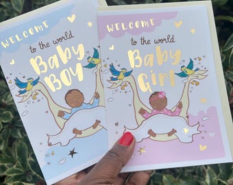 Goudfolie nieuwe babywenskaart | Pasgeboren babyjongen | Babyshower | Welkom bij de wereldkaart | Zwarte moeder, gemengd ras of Aziatische moeder, handgetekend