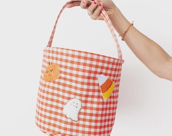 Orange Halloween Checkered Tote Bag - Trick or Treat Bag - Halloween Tote - Candy Bag - Cute Pumpkin Accessory - Gifts for Women and Kids