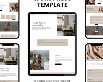 Op de afbeelding: Een digitale mockup van een website-sjabloon op een tablet en smartphones. De sjabloon heeft een neutraal kleurenpalet met secties voor inhoud, afbeeldingen en tekst. De tekst luidt "WORDPRESS TEMPLATE", "About Maya Consulting" en "no coding experience required! Drag & drop editing".