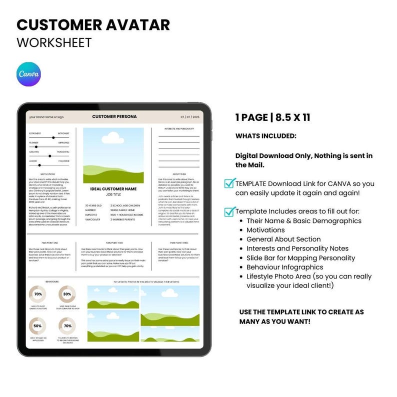 May include: A digital customer avatar worksheet on a tablet, featuring sections for customer persona details, motivations, and demographics. Includes a Canva template download link. The worksheet is 8.5 x 11 inches.
