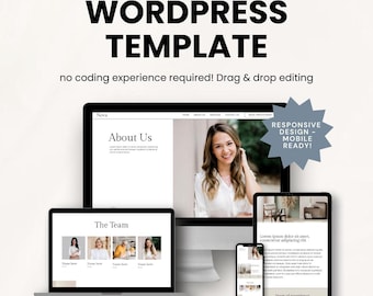 Op de afbeelding: Een digitale mockup met een WordPress-sjabloon op meerdere apparaten: een desktopcomputer, laptop, tablet en smartphone. De tekst luidt "WORDPRESS TEMPLATE" en "no coding experience required! Drag & drop editing."