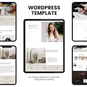 May include: A digital mockup of a WordPress template displayed on a tablet and smartphones. The tablet shows an "About Us" page with a photo of a woman. The text "no coding experience required! Drag & drop editing" is also visible.
