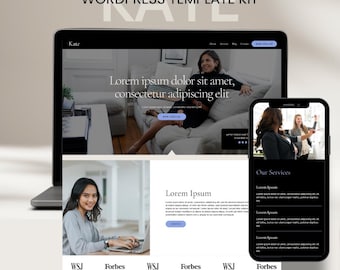 Op de afbeelding: Een digitale mockup van een WordPress-templateset, met een website-ontwerp op een laptop en een smartphone. Het ontwerp bevat de tekst "Kate" en "WORDPRESS TEMPLATE KIT", met voorbeeldinhoud en de logo's WSJ en Forbes.