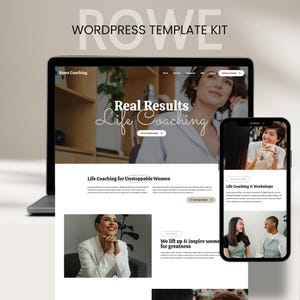 Puede incluir: Maqueta digital de un kit de plantillas de sitio web, que se muestra en una computadora portátil y un teléfono inteligente. El diseño del sitio web presenta el texto "Real Results Life Coaching" y "Life Coaching for Unstoppable Women". El kit está diseñado para WordPress.