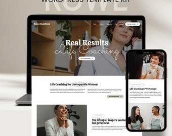 Op de afbeelding: Een digitale mockup van een website templates kit, weergegeven op een laptop en een smartphone. Het website-ontwerp bevat de tekst "Real Results Life Coaching" en "Life Coaching for Unstoppable Women". De kit is ontworpen voor WordPress.