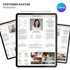 May include: A digital worksheet titled "Customer Avatar" with the Canva logo. The worksheet includes sections for customer persona details, pain points, and behaviors. The central image shows a woman named Juliana Smith, a marketing coordinator.