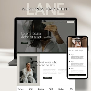 Peut inclure: Un ordinateur portable et un smartphone affichant un kit de modèles de sites Web. L'écran de l'ordinateur portable affiche un site Web avec le texte "Lorem ipsum dolor sit amet." Le smartphone affiche "Our process is simple." Le texte "WORDPRESS TEMPLATE KIT" est en haut.
