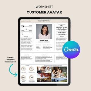 May include: A digital worksheet on a tablet screen, titled "Customer Avatar." The worksheet includes sections for customer persona details, pain points, and behaviors. The Canva logo is visible. The text "Canva Template link included!" is also visible.