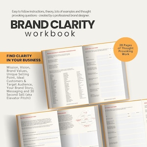 Może przedstawiać: Podręcznik zatytułowany "BRAND CLARITY" z tekstem "FIND CLARITY IN YOUR BUSINESS". Podręcznik zawiera sekcje dotyczące misji, wizji, wartości marki i grupy docelowej. Na okładce napisano, że został stworzony przez profesjonalnego projektanta marki.