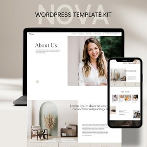May include: A laptop and smartphone display a website template kit. The laptop screen shows an "About Us" page with a photo of a smiling woman. The smartphone displays a mobile version of the website. The text "Nova WordPress Template Kit" is at the top.