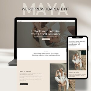May include: A laptop and smartphone displaying a website template. The website design features a neutral color palette with text that reads "Unlock Your Potential with Expert Guidance" and "WordPress Template Kit."