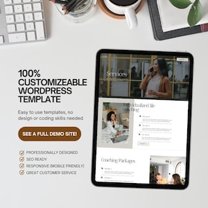 Può includere: Un tablet mostra un sito web con il testo "Servizi" e "Coaching di vita individualizzato". Lo schermo mostra anche "Pacchetti di coaching". Il testo a sinistra recita "MODELLO WORDPRESS PERSONALIZZABILE AL 100%" e "VEDI UN SITO DEMO COMPLETO!"