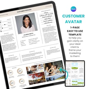 May include: A digital tablet displays a "Customer Persona" template. The template includes sections for interests, motivations, and behaviors. The Canva logo is visible. The template is designed to help clarify ideal clients and frame marketing strategies.