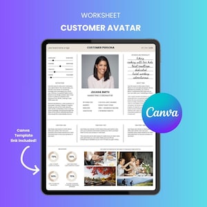 以下が含まれることがあります： タブレットに表示された「Customer Avatar」というタイトルのデジタルワークシート。年齢や興味など、顧客情報のためのセクションが含まれています。Canvaのロゴが表示されています。「Canva Template link included!」というテキストも表示されています。