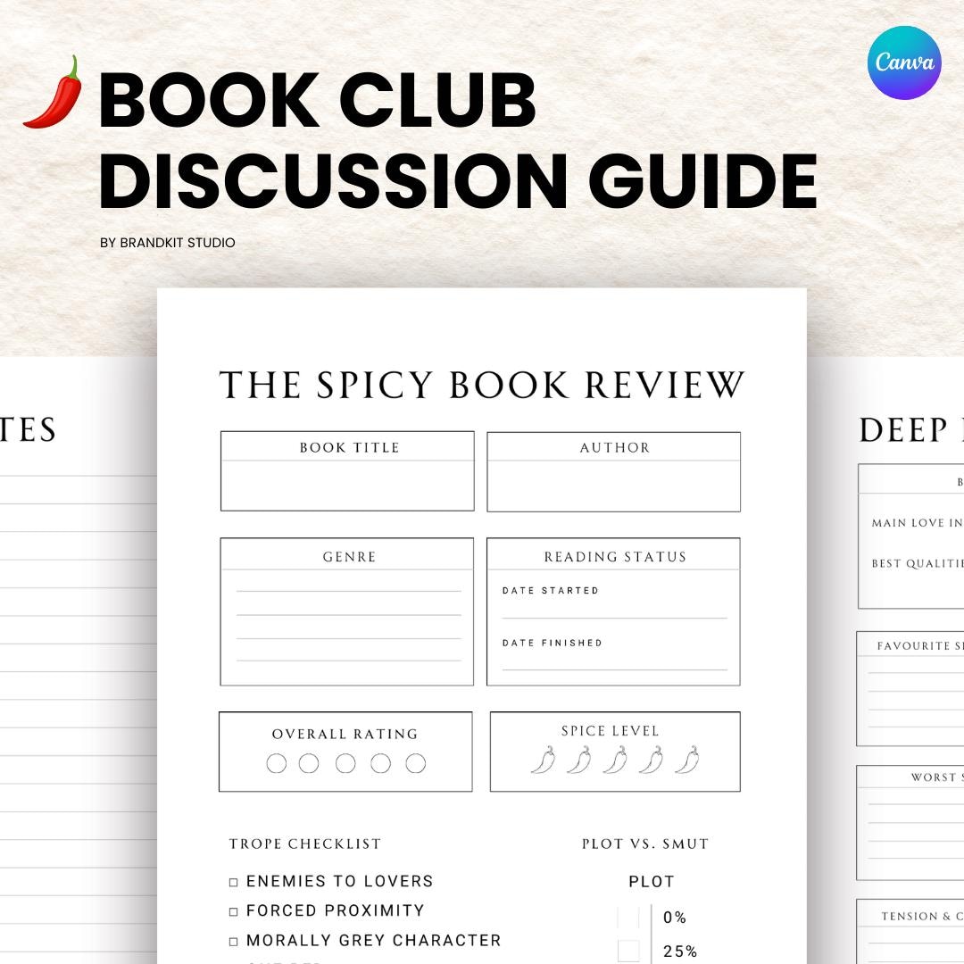 Spicy Book Review Printable: Book Club Discussion Guide (canva Template ...