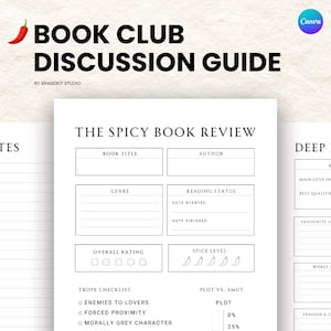 May include: A white printable book club discussion guide with the text "BOOK CLUB DISCUSSION GUIDE" and "THE SPICY BOOK REVIEW". The guide includes sections for book title, author, genre, and rating.