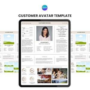 May include: A digital customer avatar template on a tablet, featuring a customer persona with a photo, job title, and interests. The template includes sections for motivations, pain points, and lifestyle photos. The Canva logo is visible.