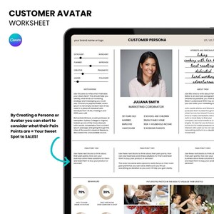 May include: A digital customer avatar worksheet on a tablet screen. The worksheet includes sections for motivations, pain points, and behaviors. The text on the screen reads "Customer Avatar Worksheet" and "Juliana Smith, Marketing Coordinator."