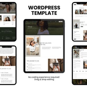 May include: A digital mockup showcasing a WordPress template design across multiple devices. The image features a tablet and several smartphones displaying website layouts with text like "About" and "Our promise to you." The phrase "No coding experience required!" is also visible.