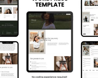 Op de afbeelding: Een digitale mockup van een WordPress-templates ontwerp weergegeven op een tablet en smartphones. De afbeelding toont website-layouts met secties met de labels "About" en "Our promise to you". De tekst "No coding experience required! Drag & drop editing" is ook zichtbaar.