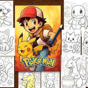 Può includere: Una collezione di pagine da colorare a tema Pokémon. L'immagine centrale presenta una vivace illustrazione di un personaggio con Pikachu e la parola "Pokemon". Le pagine circostanti mostrano vari personaggi Pokémon in arte lineare in bianco e nero, pronti per essere colorati.