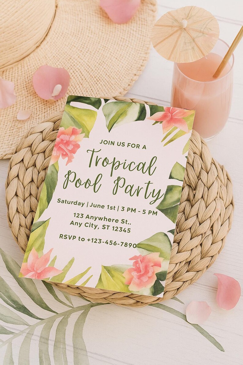 Editable Tropical Pool Party Invitation | Canva Summer Invite Template ...