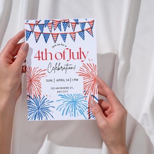 May include: A white invitation card for a 4th of July celebration, held on April 14th at 1 PM. The card features red, white, and blue fireworks and bunting. The text reads "4th of July Celebrations".