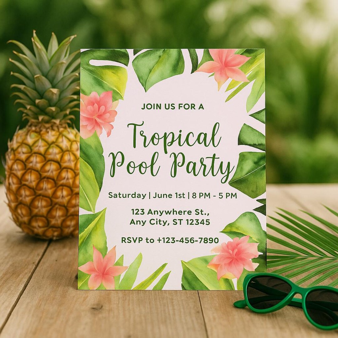 Editable Tropical Pool Party Invitation | Canva Summer Invite Template ...