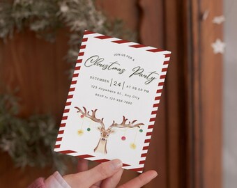 May include: A Christmas party invitation with a red and white striped border. The invitation features a watercolor illustration of a reindeer with ornaments hanging from its antlers. The text reads "Christmas Party" and includes date, time, and location details.