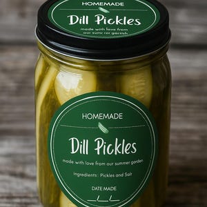 Könnte beinhalten: Ein Glas Dillgurken mit schwarzem Deckel und grünem Etikett. Auf dem Etikett steht "Homemade Dill Pickles" und "made with love from our summer garden." Das Glas ist mit grünen Gurken gefüllt.