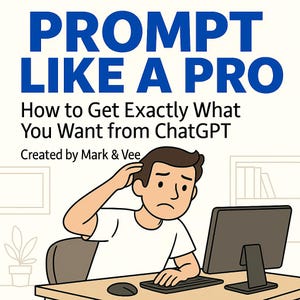Puede incluir: Ilustración de dibujos animados con el texto "PROMPT LIKE A PRO" y "How to Get Exactly What You Want from ChatGPT." Una persona está sentada en un escritorio, mirando confundida una computadora.