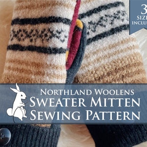 May include: A sewing pattern for sweater mittens, featuring a brown and white striped knit fabric with a black and white geometric pattern. The pattern includes three sizes and is titled "Northland Woolens Sweater Mitten Sewing Pattern".