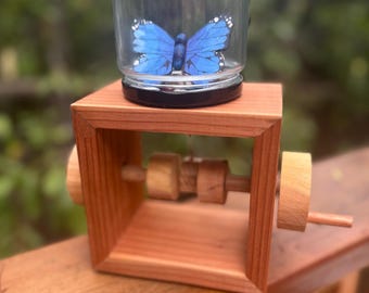 Blue Morpho fluttering butterfly wooden automaton