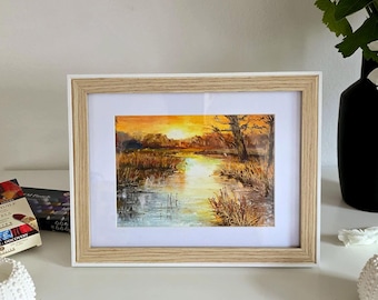 Paesaggio con riflessi al tramonto, opera originale a pastello ad olio incorniciata.