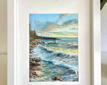 Dipinto originale a pastello ad olio raffigurante un paesaggio marino, incorniciato e perfetto come opera d'arte da appendere alla parete.