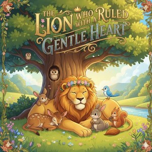 Puede incluir: Portada de libro infantil con el título "The Lion Who Ruled With a Gentle Heart". La ilustración presenta un león con una corona de flores, rodeado de criaturas del bosque bajo un gran árbol. También hay un pájaro azul y dos búhos.