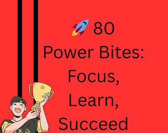 Könnte beinhalten: Illustration mit rotem Hintergrund und schwarzen Linien. Der Text lautet: "80 Power Bites: Focus, Learn, Succeed." Eine Cartoonfigur hält eine goldene Trophäe. Eine Rakete ist ebenfalls vorhanden.
