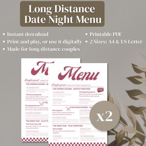 May include: A digital Long Distance Date Night Menu document featuring maroon text and a checkered border. The layout includes sections titled The Screen Course, The Main Course, and The Night Cap. A circular badge with the text x2 is overlaid on the right side of the menu, which is presented in two sizes, A4 and US Letter.