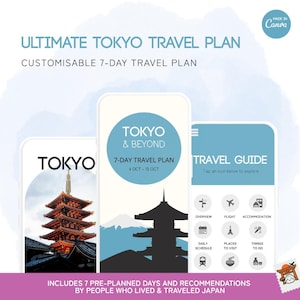 以下が含まれることがあります： 3つの携帯電話モックアップに表示された、東京のデジタル旅行プラン。画面には「ULTIMATE TOKYO TRAVEL PLAN」と「TOKYO & BEYOND 7-DAY TRAVEL PLAN」の文字が表示されています。概要、フライト、宿泊施設のアイコンも表示されています。