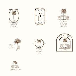 以下が含まれることがあります： ヤシの木と「YOUR LOGO」の文字が入った茶色と白のロゴデザインのコレクション。ロゴは楕円、円、アーチ型のフレームなど、さまざまな形をしています。一部のデザインには「Est 2025」の文字が含まれています。